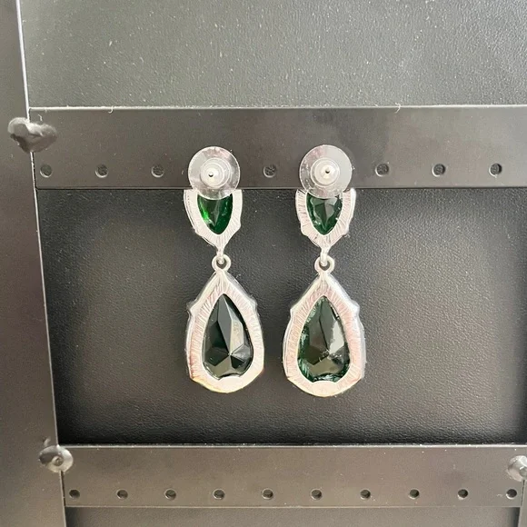 Kenneth Jay Lane Emerald Green Crystal Silvertone Teardrop Post Earrings - Picture 5 of 6